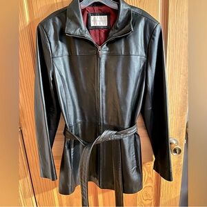 Black leather jacket with waist tie